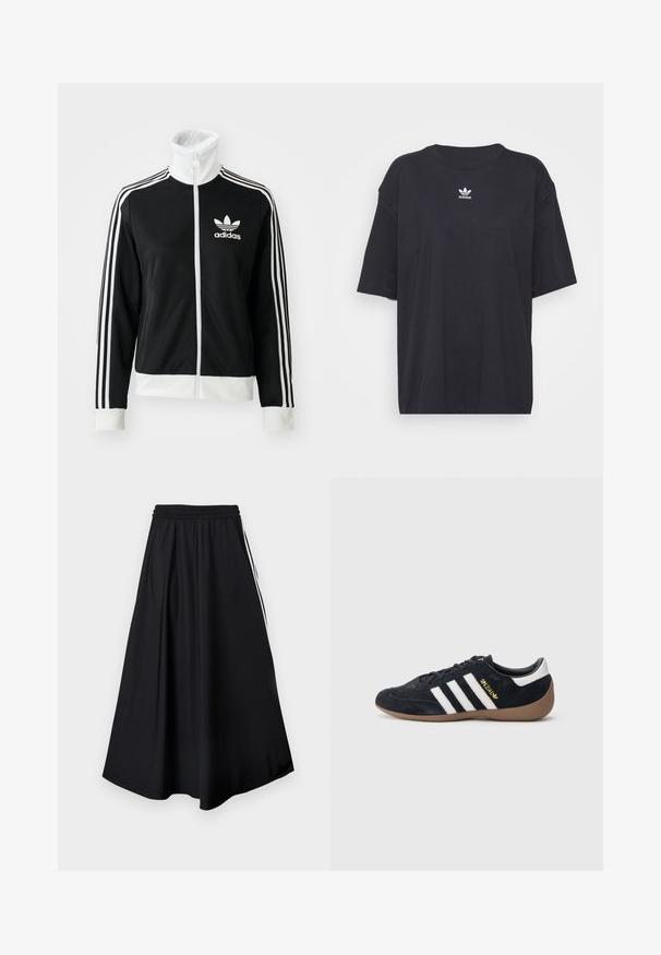 Chaqueta negra con cierre delantero, cuello alto, logo blanco de Adidas y tres franjas blancas en las mangas, hecha de un tejido liso y transpirable.; Camiseta de algodón negra con mangas cortas, cuello redondo, presenta un logo blanco de Adidas en el pecho. Diseño simple, ajuste relajado.; Pantalones negros de pierna ancha con cinturilla elástica y franjas blancas laterales, mostrados sobre un fondo blanco liso.; Zapatilla de ante negra con tres rayas blancas, suela de goma y un pequeño logo dorado en el lateral. Cuenta con un forro interior negro liso.