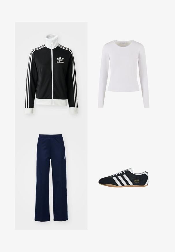 Schwarze Zip-Jacke mit hohem Kragen, weißem Adidas-Logo und drei weißen Streifen an den Ärmeln, aus glattem, atmungsaktivem Material.; Langärmliges weißes T-Shirt aus weicher Baumwolle, mit Rundhalsausschnitt und taillierter Silhouette, ohne Muster oder Akzente.; Helleblaue Baumwollmischung Trainingshosen mit weit geschnittenem Design, elastischem Bund und Reißverschlusstaschen, mit weißen Seitenstreifen und Logodetails.; Schwarze Wildledersneaker mit drei weißen Streifen, goldenem Logo und brauner Gummisohle. Merkmale ein niedrigprofiliertes Schnürdesign.