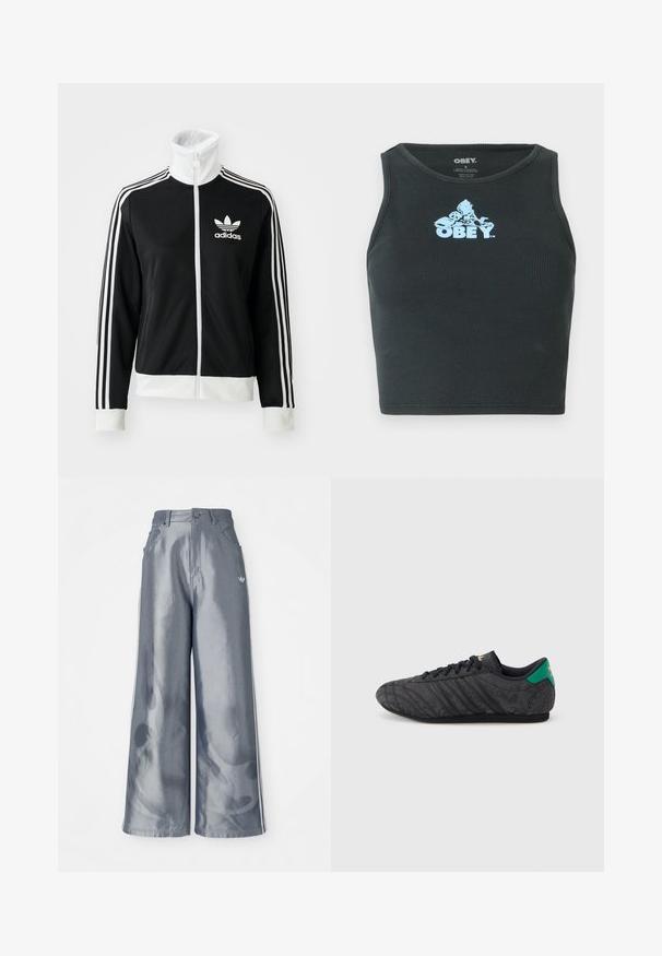 Zwarte zip-up jack met hoge kraag, wit Adidas-logo en drie witte strepen langs de mouwen, vervaardigd uit glad, ademend materiaal.; Zwarte geribbelde katoenen cropped tanktop met een lichtblauw grafisch logo in het midden van de borst. Mouwloos ontwerp met een ronde hals.; Zijde-brede broek van glanzend grijs materiaal, met witte zijstreep en een vlampatroon op de onderbenen. Knopen- en ritssluiting in de taille.; Zwarte sneakers met een laag profiel, een subtiel bloemenpatroon, zwarte veters, een groene hielband en een gouden logo op de tong en hiel.