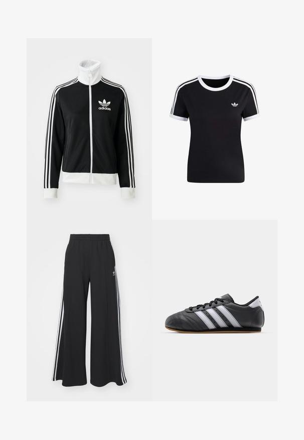Schwarze Zip-Jacke mit hohem Kragen, weißem Adidas-Logo und drei weißen Streifen an den Ärmeln, aus glattem, atmungsaktivem Material.; Schwarzes T-Shirt mit kurzen Ärmeln und weißen Akzenten, runder Ausschnitt und drei weißen Streifen auf jeder Schulter. Mit einem kleinen Logo auf der Brust.; Schwarze Hosen mit weitem Bein und elastischem Bund, mit drei weißen Streifen entlang der Außenseiten und einem kleinen Logo vorne.; Schwarzer Sportschuh aus Leder mit weißen Streifen, runder Spitze, flacher Sohle und Schnürverschluss. Besitzt Perforationen für Atmungsaktivität.