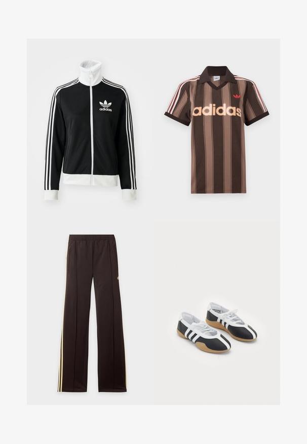 Sort zip-jakke med høj krave, hvid Adidas-logo og tre hvide striber ned ad ærmerne, lavet af glat, åndbart stof.; Brunstribet Adidas polo-shirt med V-hals, bordeaux krave og rødt logo. Har hvide og røde skulderstriber samt korte ærmer.; Sorte træningsbukser med gule sidelister, elastisk taljebånd, lynlåslommer i siderne og en lille logo på den øvre lår.; Sort-hvide sportsko med et slankt design, gummisål, snørebåndslukning og tre hvide striber på siden.