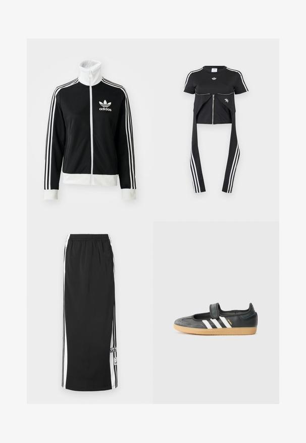 Schwarze Zip-Jacke mit hohem Kragen, weißem Adidas-Logo und drei weißen Streifen an den Ärmeln, aus glattem, atmungsaktivem Material.; Schwarzes Kurzarm-Top mit weißen Adidas-Streifen auf den Ärmeln, Reißverschluss-Detail vorne und verlängerten Stoffbahnen mit drei weißen Streifen, die herunterhängen.; Schwarzer langer Sportrock mit weißen Seitenpaneelen und schwarzen Streifen, elastischem Taillenbund und Adidas-Logo-Patch nahe dem Saum.; Schwarze Leder- und Wildledersneaker mit einem Klettverschluss, ausgestattet mit drei weißen Streifen und einer Gummisohle, beschriftet mit "SAMBA" an der Seite.
