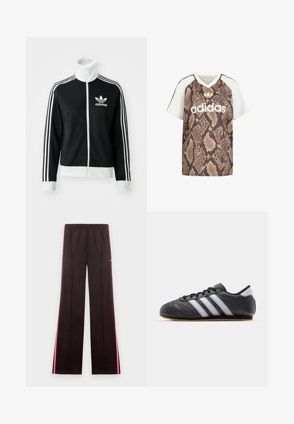 Schwarze Zip-Jacke mit hohem Kragen, weißem Adidas-Logo und drei weißen Streifen an den Ärmeln, aus glattem, atmungsaktivem Material.; Adidas Kurzarm-V-Ausschnitt-Shirt mit weißen Ärmeln und braunem Schlangenprint am Körper, versehen mit weißem Adidas-Logo und Trefoil-Emblem auf der Vorderseite.; Schwarze Sporthose mit pinken Seitenstreifen, elastischem Bund, Reißverschlusstaschen und Adidas-Logo am linken Oberschenkel.; Schwarzer Sportschuh aus Leder mit weißen Streifen, runder Spitze, flacher Sohle und Schnürverschluss. Besitzt Perforationen für Atmungsaktivität.