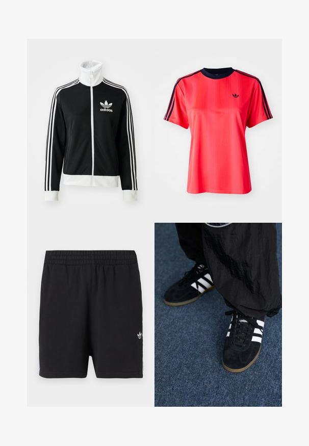 Schwarze Zip-Jacke mit hohem Kragen, weißem Adidas-Logo und drei weißen Streifen an den Ärmeln, aus glattem, atmungsaktivem Material.; Rotes sportliches T-Shirt mit kurzen Ärmeln, das von vertikalen Streifen, einem marineblauen Rundhalsausschnitt und einem kleinen schwarzen Logo auf der Vorderseite geprägt ist.; Schwarze Sportshorts mit elastischem Bund, kleinem weißem Adidas-Trefoil-Logo am linken Bein und weißen Streifen an den Seiten.; Schwarze Wildleder-Sportschuhe mit drei weißen Streifen und schwarzen Schnürsenkeln. Eine strukturierte schwarze Hose ist teilweise neben den Schuhen sichtbar.