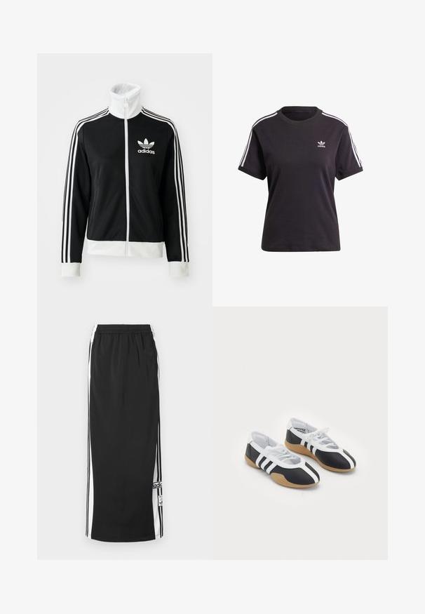 Schwarze Zip-Jacke mit hohem Kragen, weißem Adidas-Logo und drei weißen Streifen an den Ärmeln, aus glattem, atmungsaktivem Material.; Schwarzes Baumwoll-T-Shirt mit kurzen Ärmeln und Rundhalsausschnitt, mit weißen Streifen auf den Schultern und einem kleinen weißen Adidas-Logo auf der Brust.; Schwarzer langer Sportrock mit weißen Seitenpaneelen und schwarzen Streifen, elastischem Taillenbund und Adidas-Logo-Patch nahe dem Saum.; Schwarz-weiße Sportschuhe mit einem eleganten Design, Gummisohle, Schnürverschluss und drei weißen Streifen an den Seiten.