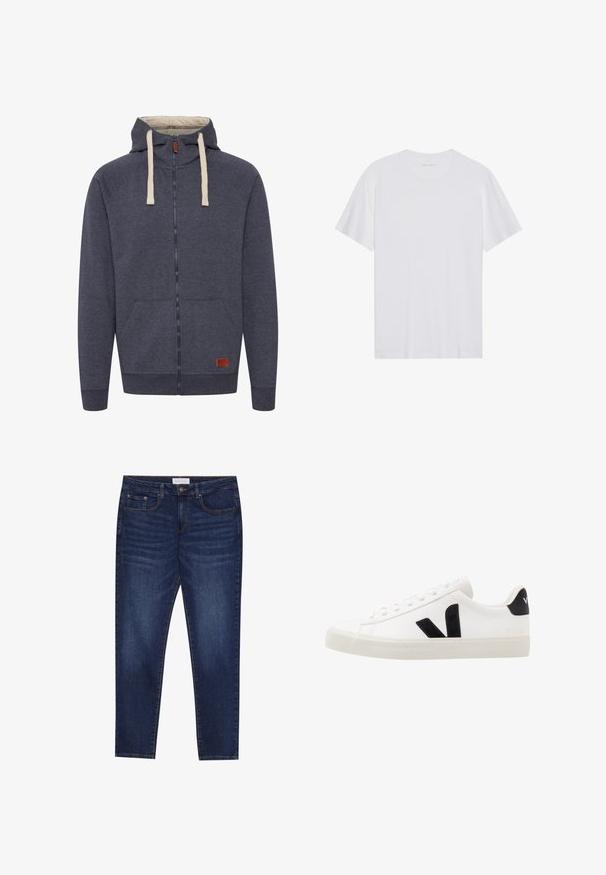 Heren hooded zip-up sweatshirt in donkergrijs fleece. Kenmerken zijn crèmekleurige trekkoorden, voorzakken en een klein bruin leren logo-patch.; Witte katoenen T-shirt met korte mouwen, een ronde hals en een gladde textuur. Heeft minimale branding op de halslijn.; Donkerblauwe slim-fit jeans met vijf zakken, knoopsluiting en contrasterende stiksels, gelabeld Pier One op de tailleband.; Witte leren sneaker met zwarte suède accenten; voorzien van een rubberen zool, ronde neus en een klassieke vetersluiting. Zijkant met logo in het zwart.