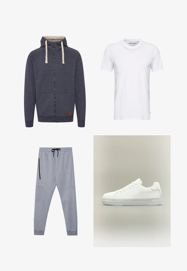 Heren hooded zip-up sweatshirt in donkergrijs fleece. Kenmerken zijn crèmekleurige trekkoorden, voorzakken en een klein bruin leren logo-patch.; Witte korte mouwen t-shirt van katoen, met een ronde hals en een eenvoudig ontwerp. Merktag zichtbaar op het nekgebied. Geen patronen of accenten.; Grijze sweatpants gemaakt van zachte stof met een trekkoord in de taille, taps toelopende benen en een zijvak met rits voor veilige opslag.; Witte lage sneaker met veters aan de voorkant, gevoerde kraag en gerubberde zool met textuur, zijaanzicht op een neutrale achtergrond.