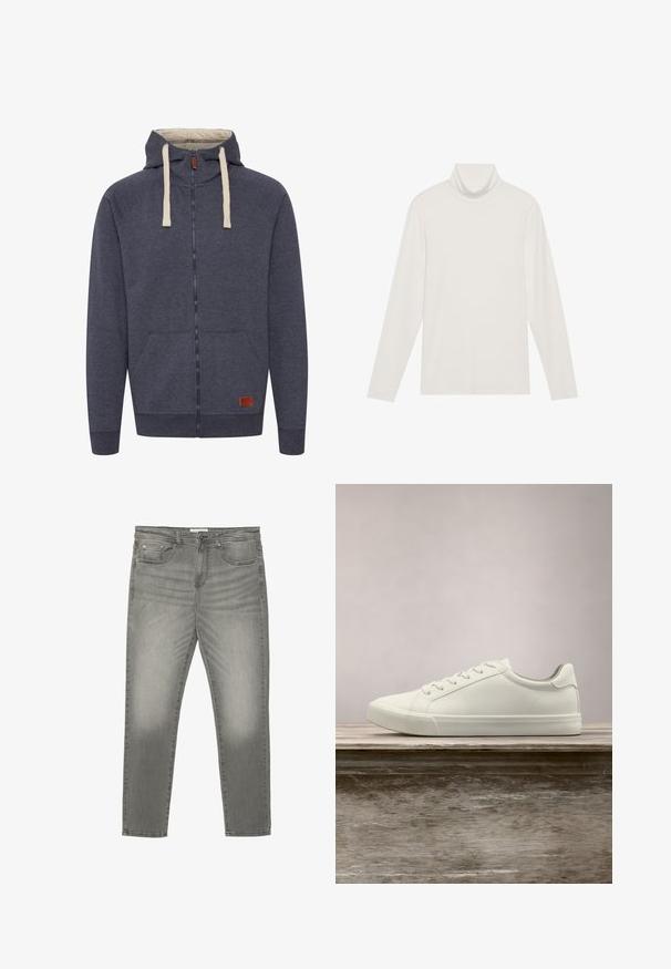 Heren hooded zip-up sweatshirt in donkergrijs fleece. Kenmerken zijn crèmekleurige trekkoorden, voorzakken en een klein bruin leren logo-patch.; Langsleeve turtleneck top in het wit. Zacht, rekbaar materiaal met een aansluitende pasvorm. Heeft een hoge hals en minimale naaddetails.; Grijze denim jeans met een slim fit, vijfzakkenontwerp en lichte vervaging. Voorzien van een rits en ceintuurlussen.; Witte vetersneaker die boven een houten bank zweeft met groene bladeren op de achtergrond, waarbij het ontwerp en de textuur van de schoen worden getoond.