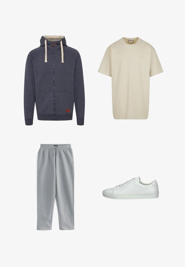 Heren hooded zip-up sweatshirt in donkergrijs fleece. Kenmerken zijn crèmekleurige trekkoorden, voorzakken en een klein bruin leren logo-patch.; Lichtbeige katoenen T-shirt met korte mouwen, een ronde hals en een losse pasvorm. De stof oogt glad zonder zichtbare patronen of accenten.; Grijze joggingbroek met een elastische tailleband en een verstelbare trekkoord. Gemaakt van zachte, gladde stof en met een rechte pijp.; Witte leren sneaker met een gladde afwerking, ronde neus, vetersluiting en een gestructureerde rubberen zool. Minimalistisch ontwerp met een lage schat.