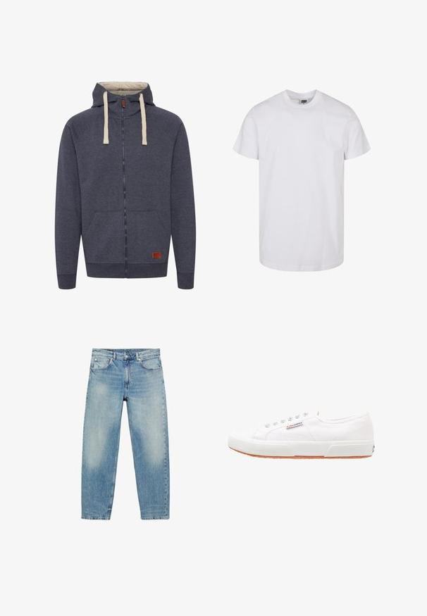Heren hooded zip-up sweatshirt in donkergrijs fleece. Kenmerken zijn crèmekleurige trekkoorden, voorzakken en een klein bruin leren logo-patch.; Witte katoenen T-shirt met korte mouwen, ronde halslijn en een rechte zoom. Gladde textuur, geen patronen of afbeeldingen, gelabeld 'Urban Classic.'; Jeans met rechte pijpen van blauwe denim, met voorzakken en riemlussen, met lichte vervaagde details op dijen en knieën.; Witte canvas sneakers met een rubberen zool, vetersluiting en een klein logolabel aan de zijkant. Gewreven wit bovenwerk en een bruine zool.