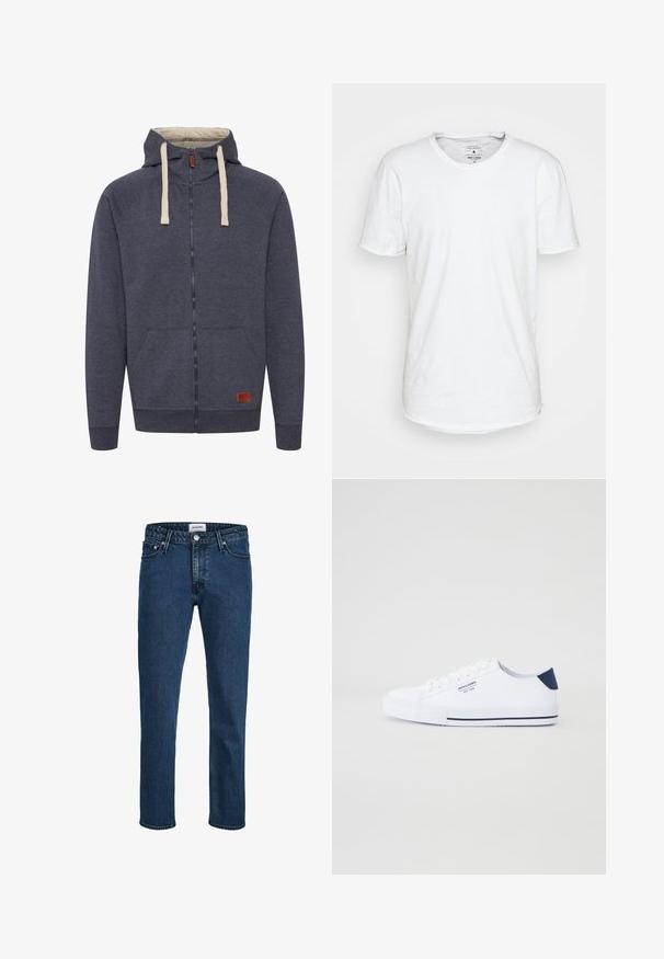 Heren hooded zip-up sweatshirt in donkergrijs fleece. Kenmerken zijn crèmekleurige trekkoorden, voorzakken en een klein bruin leren logo-patch.; Witte T-shirt met korte mouwen van katoen, met een klassieke ronde halslijn. Heeft een licht gebogen zoom en minimale stiksels.; Donkerblauwe spijkerbroek met een rechte pijp, voorzien van vijf zakken, een knoopsluiting en een subtiele textuurafwerking.; Witte canvas sneakers met een marineblauwe hielaccent, platte rubberen zool, ronde neus en witte veters. Kenmerkt logo op de zijkant.