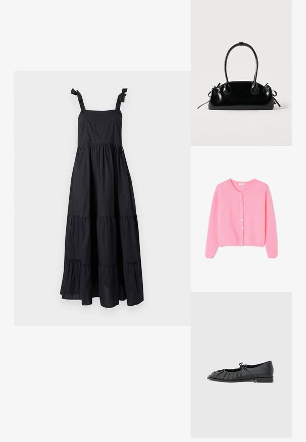 Cárdigan de punto rosa con un escote redondo, mangas largas y botones en la parte delantera. Textura suave, dobladillo ajustado y un diseño clásico.; Vestido maxi negro con tirantes atados, escote cuadrado y diseño de volantes en capas. Fabricado con tela ligera y de textura suave.; Zapato plano negro con diseño delantero plisado y un lazo atado en la parte superior, tacón bajo y textura lisa sobre un fondo gris claro.; Pequeño bolso negro brillante con dos asas largas y detalles de cordón lateral sobre un fondo claro liso.