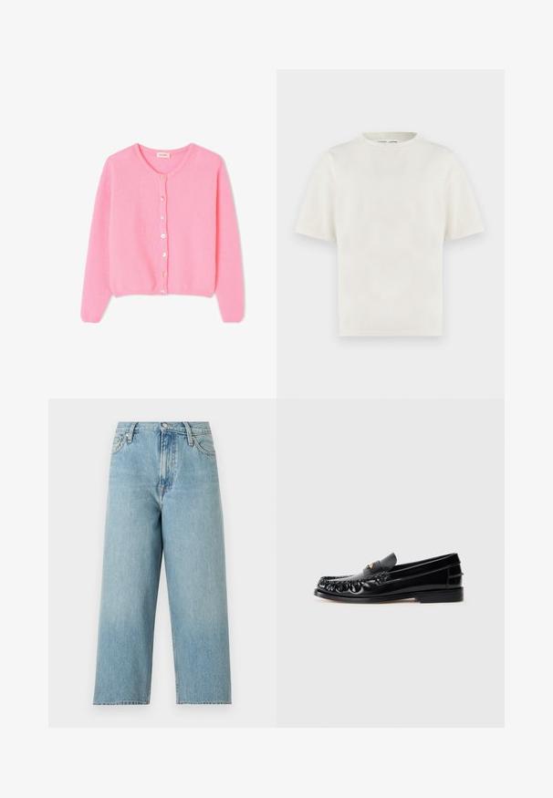 Cárdigan de punto rosa con un escote redondo, mangas largas y botones en la parte delantera. Textura suave, dobladillo ajustado y un diseño clásico.; Camiseta de manga corta de color blanco hueso, cuello redondo y corte holgado, exhibida sobre un fondo claro.; Vaqueros de pierna ancha de talle alto en azul claro, con bolsillos delanteros, trabillas para cinturón y cierre de botón metálico.; Mocasines de cuero negro con puntera redondeada, costuras decorativas y un pequeño acento dorado en el empeine. Suela plana de goma, diseño elegante.