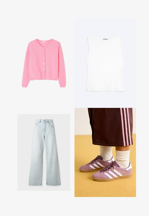 Cárdigan de punto rosa con un escote redondo, mangas largas y botones en la parte delantera. Textura suave, dobladillo ajustado y un diseño clásico.; Camiseta sin mangas blanca ajustada con escote redondo y diseño minimalista, etiquetada como "WEEKDAY" en el interior del cuello.; Vaqueros de pierna ancha y cintura alta de color azul claro con botones y cremallera delanteros, bolsillos delanteros y trabillas para cinturón sobre un fondo blanco.; Zapatillas de ante moradas con rayas blancas, suela de goma y acentos texturizados, combinadas con calcetines blancos de canalé y un pantalón de chándal marrón con rayas rosas.