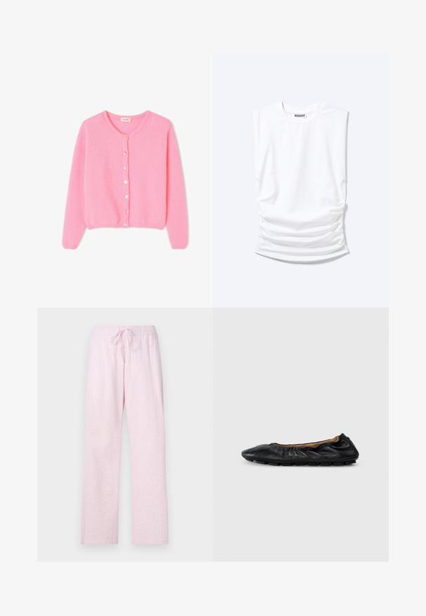 Cárdigan de punto rosa con un escote redondo, mangas largas y botones en la parte delantera. Textura suave, dobladillo ajustado y un diseño clásico.; Camiseta blanca sin mangas con cuello redondo, hombreras acolchadas y lados fruncidos, colocada plana sobre fondo claro.; Pantalones de pijama color rosa claro en una tela texturizada con un corte holgado, que cuentan con una cintura elástica y un cordón para ajustes.; Bailarina de cuero negro con detalles fruncidos en el cuello, punta redondeada y suela de goma flexible. Textura suave en toda su superficie.