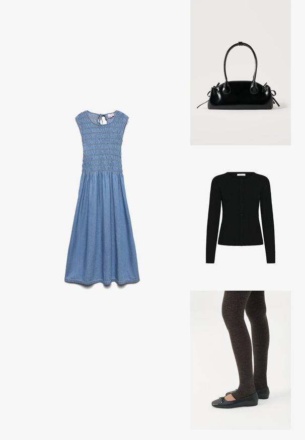Cárdigan negro de canalé con cuello redondo, mangas largas y cierre delantero de botones. La tela tiene una textura suave y un diseño ajustado.; Vestido midi azul sin mangas con cuerpo fruncido, escote redondo y cierre de lazo en la espalda.; Piernas con leggings oscuros acanalados combinados con bailarinas negras que presentan pequeños detalles de lazo sobre un fondo blanco.; Pequeño bolso negro brillante con dos asas largas y detalles de cordón lateral sobre un fondo claro liso.