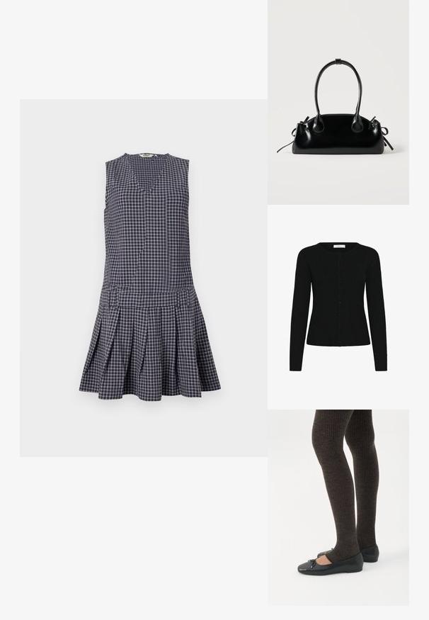 Cárdigan negro de canalé con cuello redondo, mangas largas y cierre delantero de botones. La tela tiene una textura suave y un diseño ajustado.; Vestido de cuadros en navy con escote en V, diseño sin mangas, falda con plisados y cintura estructurada. Hecho de una tela ligera.; Piernas con leggings oscuros acanalados combinados con bailarinas negras que presentan pequeños detalles de lazo sobre un fondo blanco.; Pequeño bolso negro brillante con dos asas largas y detalles de cordón lateral sobre un fondo claro liso.