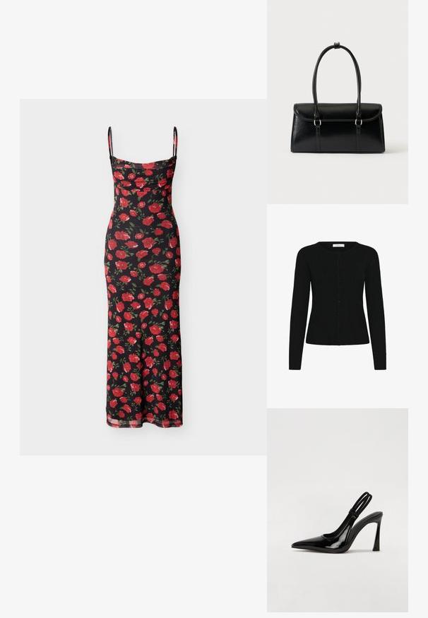Cárdigan negro de canalé con cuello redondo, mangas largas y cierre delantero de botones. La tela tiene una textura suave y un diseño ajustado.; Vestido largo negro tipo slip con estampado de rosas rojas, tirantes finos estilo espagueti y escote fruncido.; Zapato de tacón con tirante en negro de charol, punta afilada, tacón alto y delgado, y doble tira elástica para un ajuste seguro. Superficie suave y brillante.; Bolso rectangular de cuero negro con cierre de solapa y dos asas largas sobre un fondo blanco liso.
