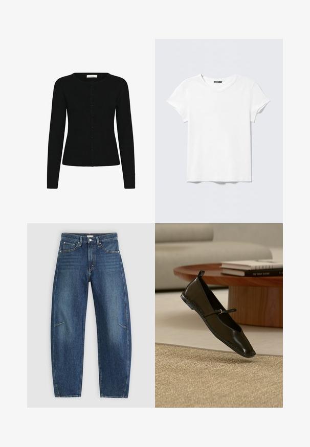 Cárdigan negro de canalé con cuello redondo, mangas largas y cierre delantero de botones. La tela tiene una textura suave y un diseño ajustado.; Camiseta blanca lisa de manga corta y cuello en V, con una pequeña etiqueta "WEEKDAY" en el interior del cuello, mostrada sobre un fondo gris claro.; Jeans de mezclilla azul oscuro con un diseño de pierna recta, que cuentan con bolsillos frontales, costuras en contraste y una sutil textura desgastada en las piernas.; Zapato plano Mary Jane de cuero negro flotando sobre una alfombra beige tejida, con una mesa redonda de madera y libros apilados de fondo.