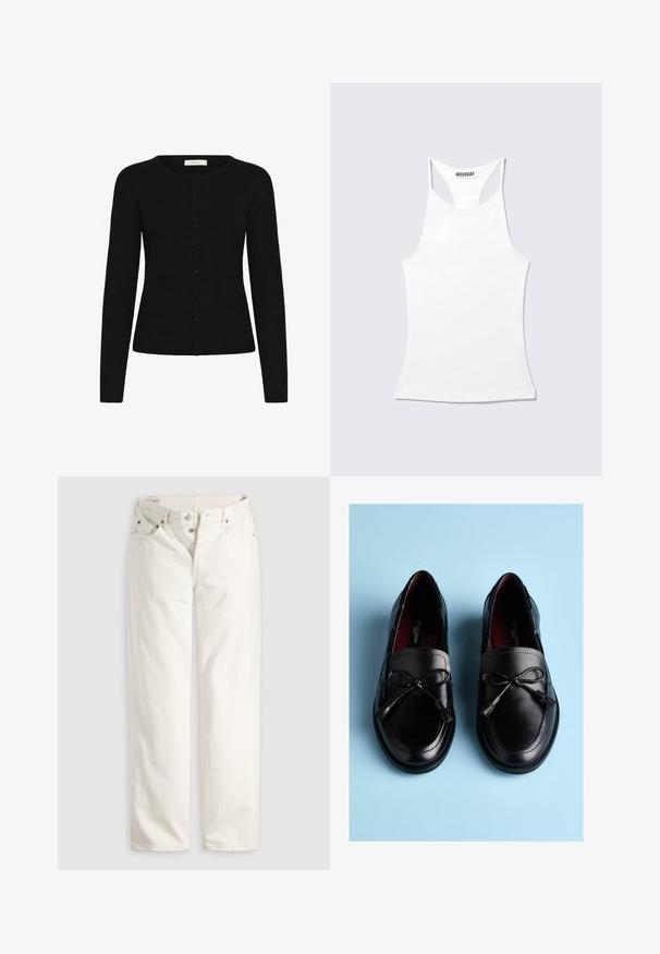 Cárdigan negro de canalé con cuello redondo, mangas largas y cierre delantero de botones. La tela tiene una textura suave y un diseño ajustado.; Camiseta sin mangas blanca con espalda de corredor y un cuello alto, con una etiqueta "WEEKDAY" en el cuello trasero, colocada plana sobre un fondo claro.; Vaqueros blancos de talle alto con pierna recta, cremallera de botones, bolsillos delanteros y traseros, y remaches de cobre visibles en las esquinas de los bolsillos.; Mocasines de cuero negro con textura suave, con un lazo decorativo y borlas en la pala, diseñados con una forma redondeada.