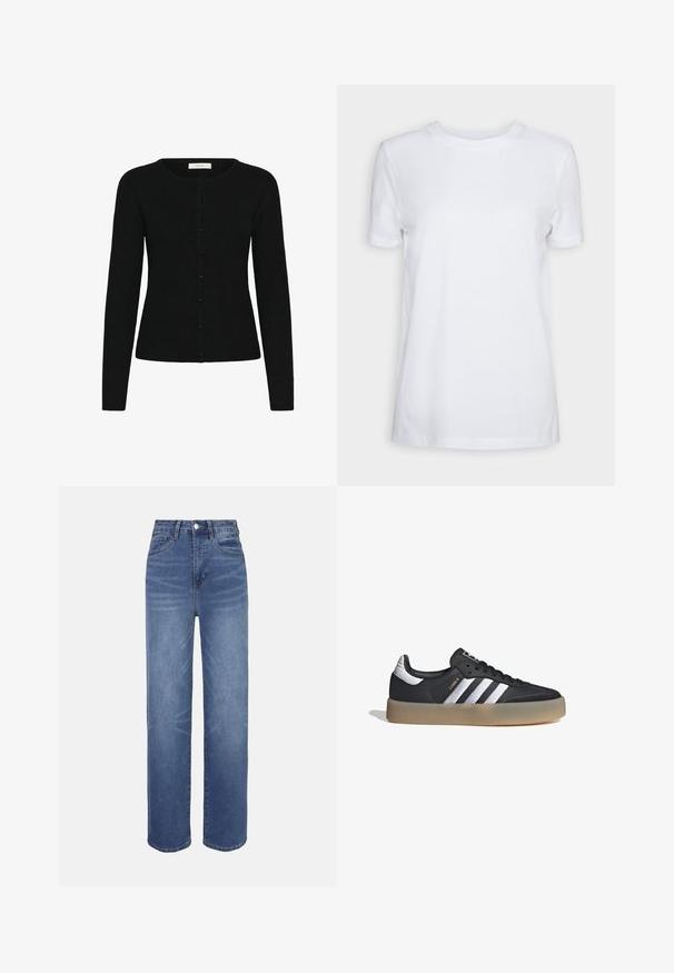 Cárdigan negro de canalé con cuello redondo, mangas largas y cierre delantero de botones. La tela tiene una textura suave y un diseño ajustado.; Camiseta blanca lisa de manga corta con cuello redondo, ajuste regular y una pequeña etiqueta interior en el cuello que dice "SELECTED FEMME."; Jeans de mezclilla azul claro con cintura alta, diseño de pierna recta, estilo de cinco bolsillos y detalles sutiles de desgaste en toda la tela.; Zapatilla deportiva de cuero negro con tres rayas plateadas, punta texturizada y suela de goma. Cuenta con un collar acolchado y un diseño con cordones.