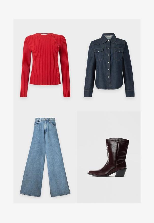 Pull à col rond à manches longues en maille rouge côtelée avec des boutons diagonaux allant de l'épaule à l'ourlet sur fond clair.; Chemise en denim bleu foncé à manches longues, col pointu, deux poches poitrine et fermeture à boutons blancs. Couture contrastée le long des coutures.; Good American PANELED WIDE LEG - Wide Leg - indigo; Bottines en cuir bourgogne avec un bout pointu, une surface texturée et un petit talon effilé. Présente une couture discrète et un ajustement confortable.