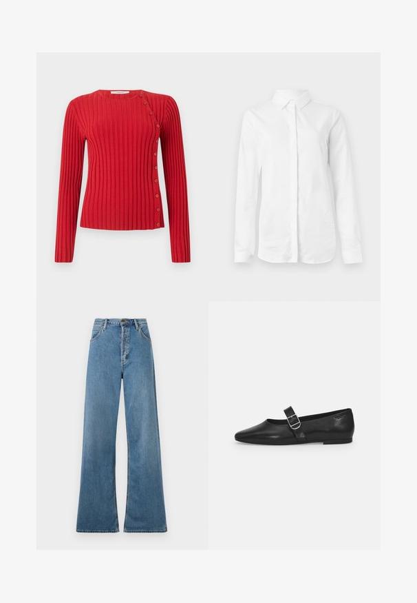 Pull à col rond à manches longues en maille rouge côtelée avec des boutons diagonaux allant de l'épaule à l'ourlet sur fond clair.; Chemise blanche à manches longues en coton lisse. Présente un col classique et un devant à boutons avec un ourlet droit et sans motifs.; Jeans large bleu clair à taille haute, dotés de poches avant et d'un zip, présentés sur un fond blanc.; Chaussure plate en cuir noir avec un bout arrondi, une seule sangle réglable à boucle et une texture lisse et brillante. Design minimaliste avec un petit talon.