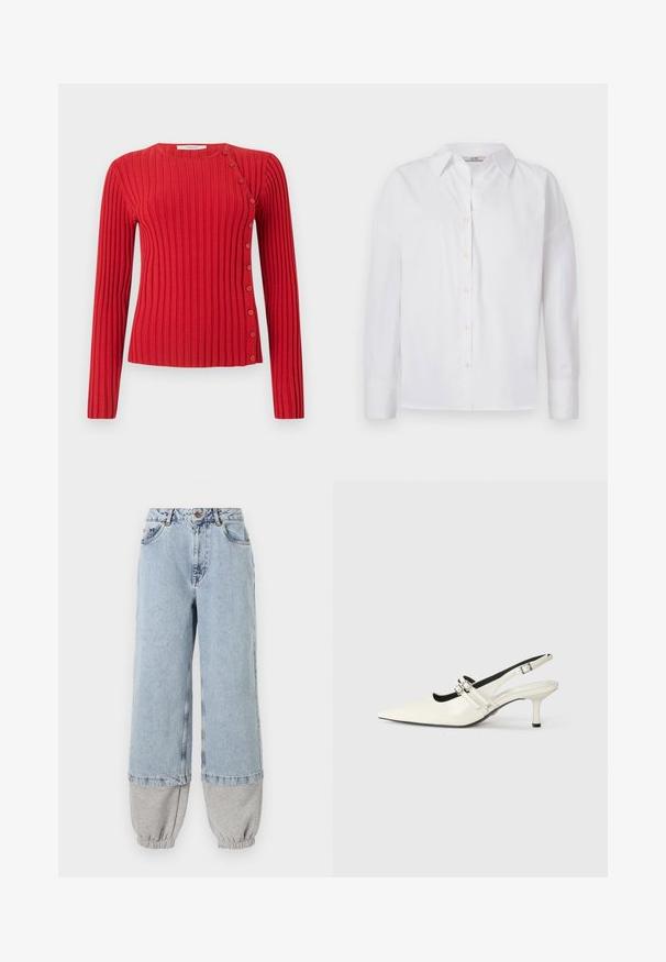 Rød ribbet langærmet sweater med skrå knapdetalje fra skulder til kant på lys ensfarvet baggrund.; Hvid skjorte med knapper, lavet af bomuld, med lange ærmer, klassisk krave og subtile syningsdetaljer.; Lyseblå denimbukser med en løs pasform, der har grå bomuldsmanchetter nederst og standardlommer. Klassisk fem-lommers design.; Spidse slingback sko i blank hvid læder med to justerbare spænder og en 6 cm stiletto hæl.