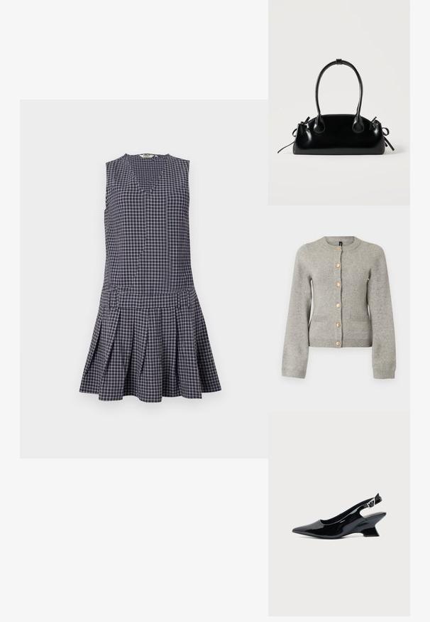 Cardigan en maille gris clair avec un col rond, des manches longues et des boutons dorés sur le devant. Il dispose de deux poches avant.; Robe à carreaux bleu marine avec un décolleté en V, sans manches, jupe plissée et taille structurée. Fabriquée en tissu léger.; Chaussure slingback en cuir verni noir avec bout pointu et petit talon bloc incliné sur fond clair uni.; Petit sac à main noir brillant avec deux longues anses et des détails à cordon sur les côtés sur un fond clair uni.