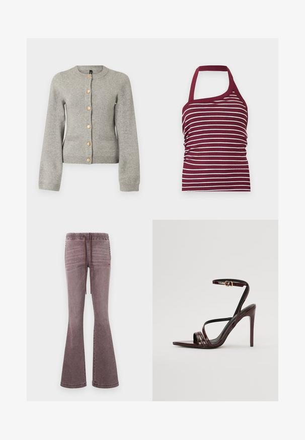 Cardigan en maille gris clair avec un col rond, des manches longues et des boutons dorés sur le devant. Il dispose de deux poches avant.; Haut sans manches rayé bordeaux et blanc avec une bretelle et un décolleté asymétrique, texture en tissu côtelé.; Pantalon flare lavé violet avec taille élastique et cordon de serrage à l'avant, doté de poches latérales et d'un logo cœur rouge subtil sur la cuisse droite.; Sandale à talons hauts en cuir verni bourgogne avec une bride de cheville, bout pointu et trois bandes horizontales sur le pied. Détail de boucle dorée.
