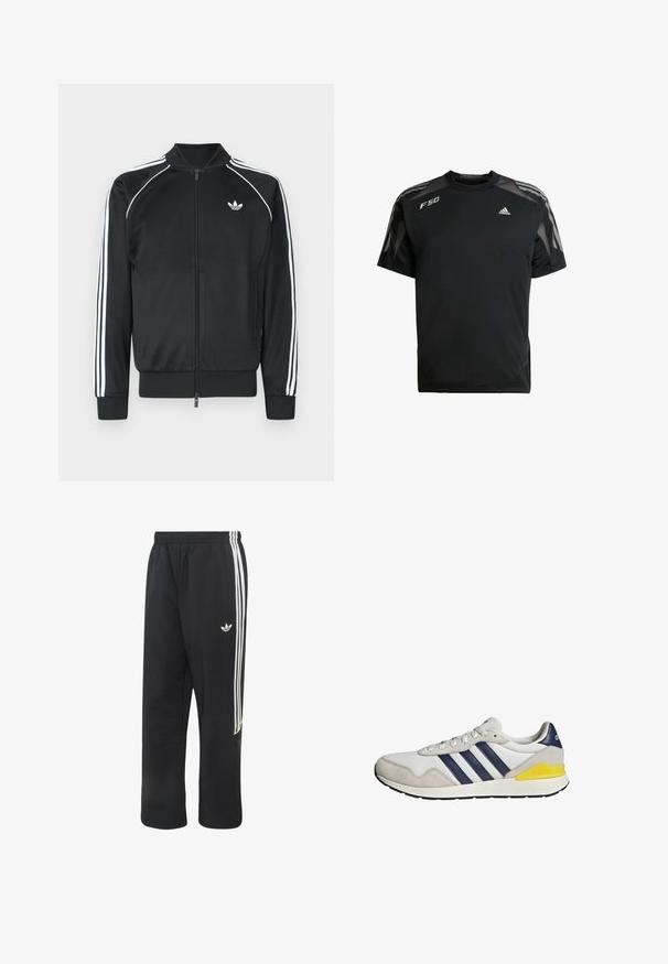 Chaqueta deportiva negra con cremallera, hecha de material sintético suave. Presenta rayas de acento blancas a lo largo de las mangas y un pequeño logotipo en el pecho.; Camiseta deportiva negra hecha de un tejido ligero, con paneles de malla en los hombros, mangas cortas y logotipos blancos de adidas y F50.; Pantalones de chándal negros de Adidas con tres rayas blancas a los lados y un pequeño logo blanco de Adidas en la parte superior del muslo izquierdo.; Zapatilla Adidas blanca y gris con rayas azul marino y un detalle amarillo en el talón, vista de lado sobre un fondo blanco.