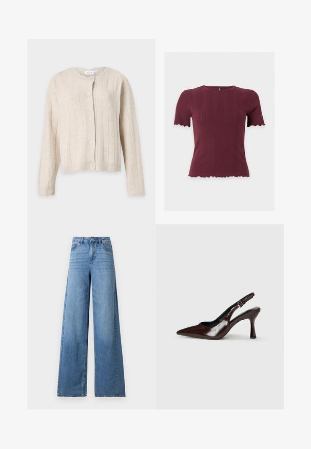 Cardigan beige en tricot avec manches longues, motif côtelé vertical, encolure ronde et cinq boutons sur le devant.; Haut en maille bordeaux à manches courtes avec bords festonnés aux manches et à l'ourlet, présentant un col rond et une texture verticale subtile.; Jean large taille haute bleu clair avec bouton et fermeture éclair à l'avant, poches avant et arrière, et légère décoloration sur les cuisses.; Talons slingback en cuir verni brun avec un bout pointu, un talon fin, et une sangle réglable avec une petite boucle.