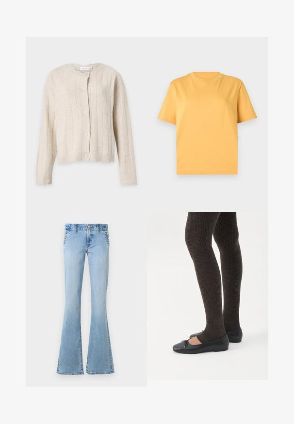 Cardigan beige en tricot avec manches longues, motif côtelé vertical, encolure ronde et cinq boutons sur le devant.; T-shirt jaune à manches courtes et col rond, présenté à plat sur un fond gris clair.; Jean en denim bleu clair taille haute avec jambes évasées et boutons argentés le long des poches latérales sur un fond blanc.; Jambes portant des leggings côtelés foncés associés à des ballerines noires avec de petits détails en nœud sur fond blanc.
