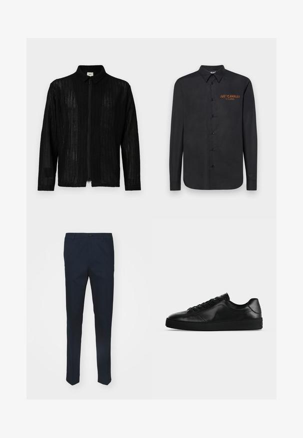 Veste noire zippée avec une texture côtelée et un col. Présente une coupe droite et des manches longues. Matériau léger et respirant.; Chemise noire à manches longues en tissu lisse, dotée d'une fermeture à boutons, d'un col pointu et d'un logo brodé orange "JUST CAVALLI MILANO" sur la poitrine.; Pantalons bleu marine en tissu tissé, avec une coupe droite, une fermeture à bouton et des plis avant pour une apparence raffinée.; Sneaker noir en cuir à profil bas avec lacets sur le devant et semelle plate texturée, montré de profil sur un fond neutre.