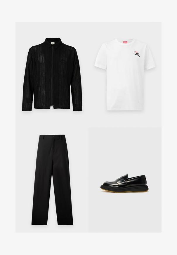 Veste noire zippée avec une texture côtelée et un col. Présente une coupe droite et des manches longues. Matériau léger et respirant.; T-shirt en coton blanc avec un petit motif noir et rouge sur le côté gauche de la poitrine et une étiquette logo rouge au niveau de l'encolure. Manches courtes, col rond.; Pantalons noirs en coton avec une coupe droite, dotés d'une fermeture à bouton à l'avant et de poches latérales. Texture lisse, sans motifs.; Mocassins en cuir noir au design structuré, avec un panneau avant surélevé, des détails en couture et une semelle en caoutchouc épaisse et texturée.