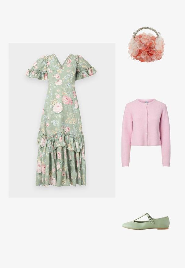 Roze geribbeld vest met ronde hals, lange mouwen en sluiting met vijf knopen. Zachte textuur, cropped ontwerp en subtiele glans.; Floral maxi-jurk in zacht groen met een V-hals, pofmouwen, ruches en een gelaagde zoom. Bevat roze rozen en kleine blauwe bloemen.; Lichtgroene platte schoen met een spitse neus, T-bandje en zilveren gesp op een lichtbruine zool.; Roze en witte handtas in de vorm van een bloem, met een textiele buitenkant, voorzien van een handvat met kristallen versieringen en metalen accenten.