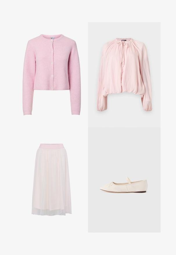 Cárdigan de canalé rosa con cuello redondo, mangas largas y cierre de cinco botones. Textura suave, diseño corto y ligero brillo.; Blusa de manga larga en rosa claro con escote fruncido, cierre delantero de botones, detalle de lazo y puños y dobladillo elásticos.; Una falda de color rosa pálido, de longitud a la rodilla, con una cinturilla elástica y tela ligera plisada, que presenta una capa translúcida.; Bailarinas de piel de ante beige claro, con puntera puntiaguda y una fina tira elástica sobre el empeine. Suela plana con un pequeño detalle de goma.