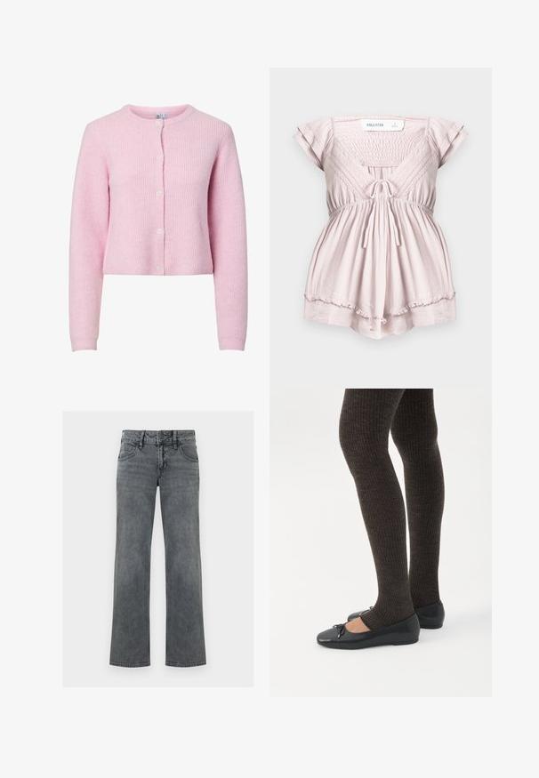 Rosa ribbet cardigan med rund halsudskæring, lange ærmer og fem-knaps lukning. Blød tekstur, cropped design og subtil glans.; Lyserød kortærmet dragt med indsnævret overdel, blondekant, snøre foran og flæset kant fra Hollister i størrelse small.; Grå denimjeans med lige ben, lynlås og knap foran samt fem-lomme-design, vist mod en hvid baggrund.; Ben iført mørke ribbede leggings kombineret med sorte balletsko med små sløjfedetaljer på hvid baggrund.