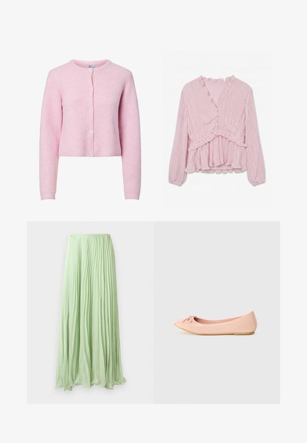 Roze geribbeld vest met ronde hals, lange mouwen en sluiting met vijf knopen. Zachte textuur, cropped ontwerp en subtiele glans.; Lichtroze blouse met lange mouwen en verticale plooien, gerafelde V-hals, met stof overtrokken knopen en ruches langs taille en zoom.; Lichtgroene geplooide lange rok van lichte stof met elastische tailleband, weergegeven tegen een witte achtergrond.; Balletflat in lichtroze synthetisch materiaal met een ronde neus, voorzien van een klein strikdetail en een flexibele zool.