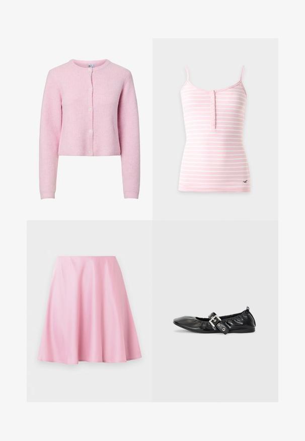 Cárdigan de canalé rosa con cuello redondo, mangas largas y cierre de cinco botones. Textura suave, diseño corto y ligero brillo.; Camiseta sin mangas con rayas horizontales rosas y blancas, con tirantes finos y una botonera en la parte delantera, mostrada sobre un fondo liso.; Falda línea A de largo hasta la rodilla en color rosa, con tela suave y ligeras arrugas, exhibida sobre un fondo blanco liso.; Zapato plano de piel negra con puntera afilada, detalle fruncido alrededor de la abertura y un acento de hebilla plateada en la correa ajustable.