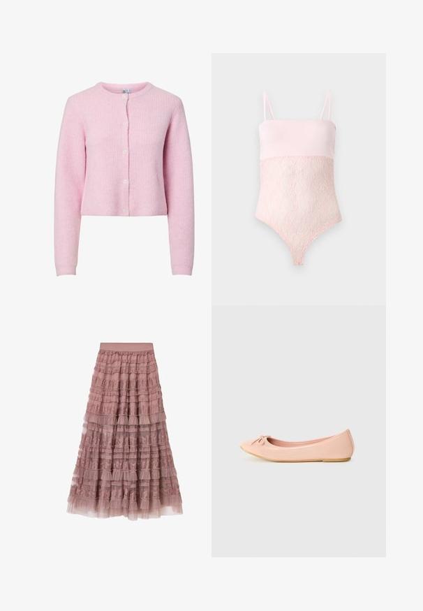 Rosa ribbet cardigan med rund halsudskæring, lange ærmer og fem-knaps lukning. Blød tekstur, cropped design og subtil glans.; Lyserød blondebody med spaghettistropper og en glat topsektion mod en ensfarvet lys baggrund.; Lang, lagdelt nederdel i blød mauve blonder og tulle. Har flæser, indviklede blonde mønstre og en rynket talje for ekstra tekstur.; Ballet flade sko i lys pink syntetisk materiale med en rund tå, der har en lille sløjfedetalje og en fleksibel sål.