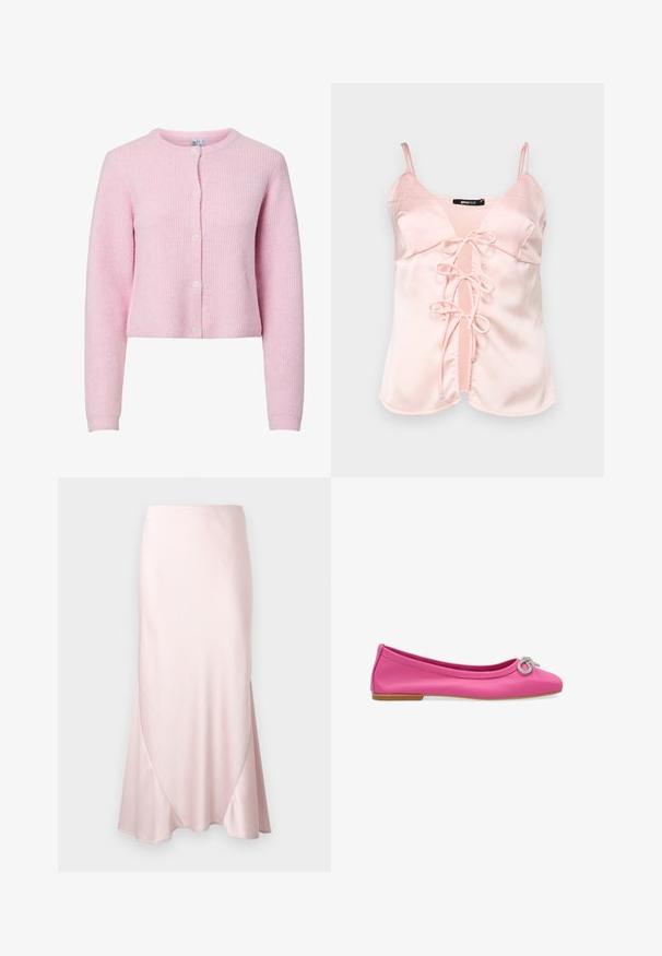 Rosa gerippter Cardigan mit rundem Ausschnitt, langen Ärmeln und Fünf-Knopf-Verschluss. Weiche Textur, kurzes Design und dezenter Glanz.; Rosa Satin-Camisole mit verstellbaren Spaghetti-Trägern, ausgestattet mit einer vorderen Bindeschleife mit Schlaufen und einem V-Ausschnitt-Design. Glatte Textur und klare Linien.; Hellrosa Satin-Midirock mit A-Linien-Silhouette und dezenten diagonalen Nahtdetails vor einfarbigem Hintergrund.; Rosa Leder-Ballerina mit runder Zehenpartie und einer dekorativen silbernen Schleife auf der Vorderseite. Glatte Textur und niedriger, flacher Absatz.