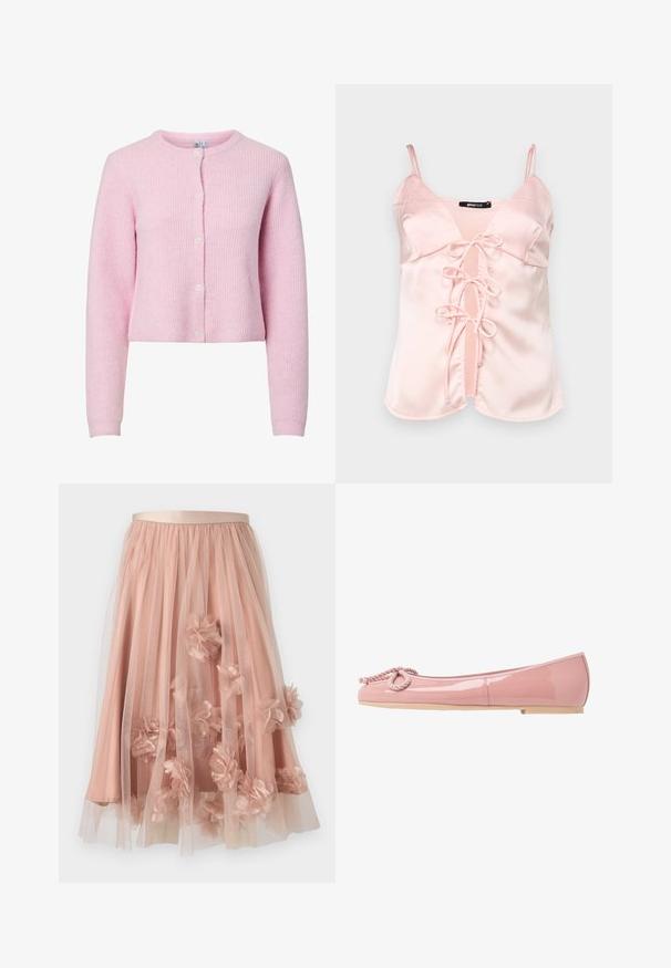 Rosa gerippter Cardigan mit rundem Ausschnitt, langen Ärmeln und Fünf-Knopf-Verschluss. Weiche Textur, kurzes Design und dezenter Glanz.; Rosa Satin-Camisole mit verstellbaren Spaghetti-Trägern, ausgestattet mit einer vorderen Bindeschleife mit Schlaufen und einem V-Ausschnitt-Design. Glatte Textur und klare Linien.; Tüllrock in sanftem Rosa mit einem Satinbund. Verfügt über mehrlagigen, transparenten Stoff und dreidimensionale Blumenapplikationen über die gesamte Fläche.; Pink patentleder Ballerinas mit abgerundeter Spitze, Seil-Details an der Vorderseite und einer beigefarbenen Gummisohle. Glatte, glänzende Oberfläche.