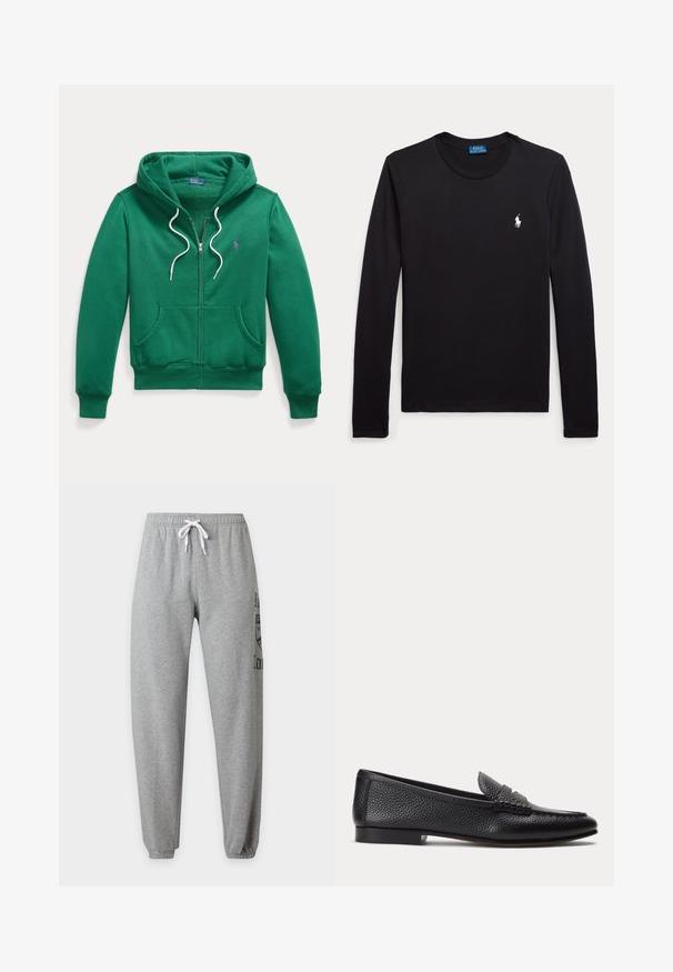 Πράσινο hoodie με φερμουάρ, λευκά κορδόνια, μπροστινές τσέπες και μικρό κεντημένο λογότυπο στην πλευρά του στήθους.; Μαύρο μακρυμάνικο μπλουζάκι με στρογγυλή λαιμόκοψη και μικρό λευκό λογότυπο Polo Ralph Lauren με άλογο στο αριστερό στήθος.; Ανοιχτό γκρι φόρμα με ελαστική μέση, λευκό κορδόνι, μανσέτες στους αστραγάλους και αχνό σκούρο σχέδιο στο δεξιό μηρό.; Μαύρο υφασμάτινο δερμάτινο μοκασίνι με χαμηλό τακούνι και κλασική λεπτομέρεια με λουράκι για κέρματα, εμφανίζεται σε πλαϊνή όψη σε απλό φωτεινό φόντο.