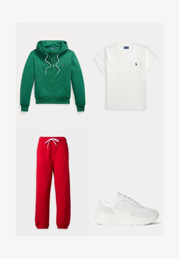 Πράσινο hoodie με φερμουάρ, λευκά κορδόνια, μπροστινές τσέπες και μικρό κεντημένο λογότυπο στην πλευρά του στήθους.; Μονόχρωμο λευκό T-shirt με κοντά μανίκια, με μικρό λογότυπο Polo Ralph Lauren σε ναυτικό μπλε στο αριστερό στήθος και μια μπλε ετικέτα της μάρκας μέσα στον γιακά.; Κόκκινη φόρμα με λευκό κορδόνι, ελαστική μέση και ελαστικές μανσέτες σε απλό ανοιχτό φόντο.; Άσπρο δερμάτινο αθλητικό παπούτσι με χοντρή σόλα και ανάγλυφο "LRL" στο πλάι, με κορδόνια και σουέντ λεπτομέρειες στην φτέρνα και στα δάχτυλα.
