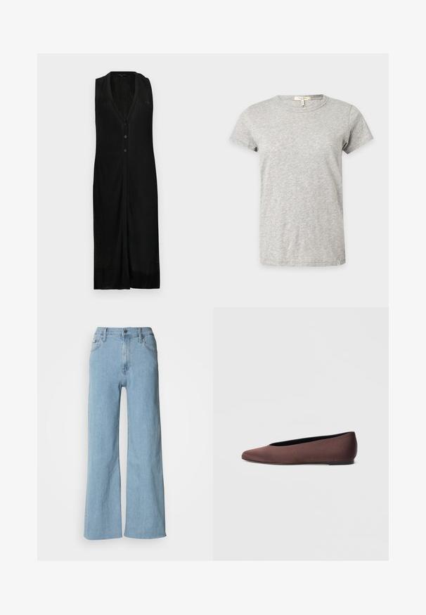 Sort ærmeløs kjole med V-hals, lodret ribbet struktur, knaplukning og slidser i siden for bevægelse.; Lysegrå t-shirt med korte ærmer og rund hals med subtil meleret mønster vist på ensfarvet baggrund.; Lyseblå vidde jeans lavet af denim, med en tætsiddende talje, fem-lomme design og subtile syningsdetaljer.; Brune balletflade sko i stof med spids tå og glat tekstur, med lav hælkappe og tynd sort sål. Ingen synlige mønstre eller beslag.