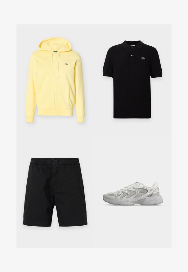 Sweat à capuche zippé jaune clair avec cordons, poches avant, poignets côtelés, et un petit logo crocodile vert sur la poitrine.; Polo noir en tissu tricoté, doté d'un col classique, de trois boutons et d'un logo de crocodile vert sur le côté gauche. Manches courtes.; Shorts noirs pour hommes avec taille élastique, fermeture à bouton et longueur mi-cuisse, présentés sur un fond neutre.; Basket blanche de sport avec des motifs ondulés, des panneaux en mesh et une semelle épaisse et rembourrée, montrée de profil sur un fond clair uni.