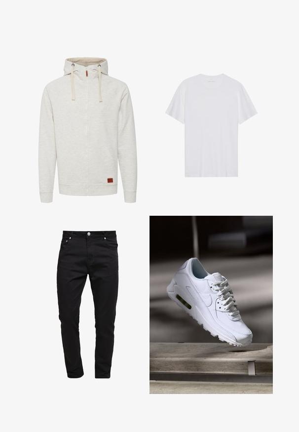 Lichtgrijze zip-up hoodie met een gestructureerde afwerking, twee voorzakken en een capuchon met trekkoord. Heeft een leren accentpatch aan de voorkant.; Witte katoenen T-shirt met korte mouwen, een ronde hals en een gladde textuur. Heeft minimale branding op de halslijn.; Zwarte spijkerbroeken van denim stof, slim fit ontwerp, vijf-pocket stijl, met metalen knoopsluiting, gestikte details en een zachte textuur.; Witte leren sneaker met gestructureerde oppervlakken, gevoerde kraag en zichtbare luchtbescherming in de zool. Heeft veters en een minimalistisch ontwerp.