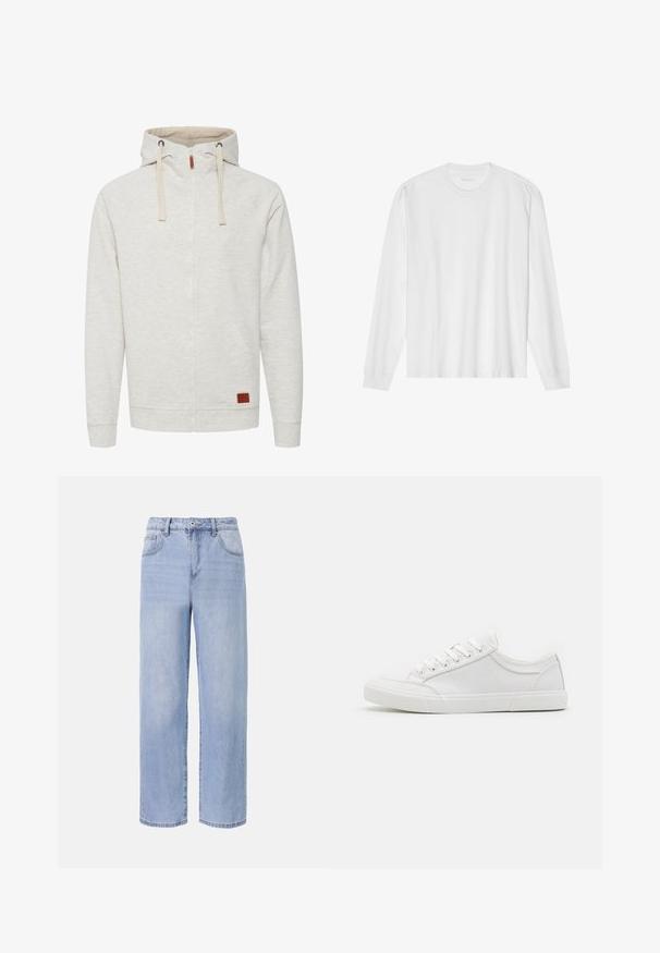 Lichtgrijze zip-up hoodie met een gestructureerde afwerking, twee voorzakken en een capuchon met trekkoord. Heeft een leren accentpatch aan de voorkant.; Wit, lang katoen T-shirt met lange mouwen en ronde hals, met geribde manchetten en een rechte zoom, een gladde textuur en een minimalistisch ontwerp.; Lichtblauwe denim jeans met een ontspannen, wijde pasvorm. Kenmerken zijn onder andere vijf zakken, een sluiting met een knoop aan de voorkant en subtiele vervaging.; Witte sneakers met een glad leren bovenwerk, ronde neus, platte rubberen zool en zes oogjes voor veters. Subtiele stikseldetails, minimalistisch ontwerp.