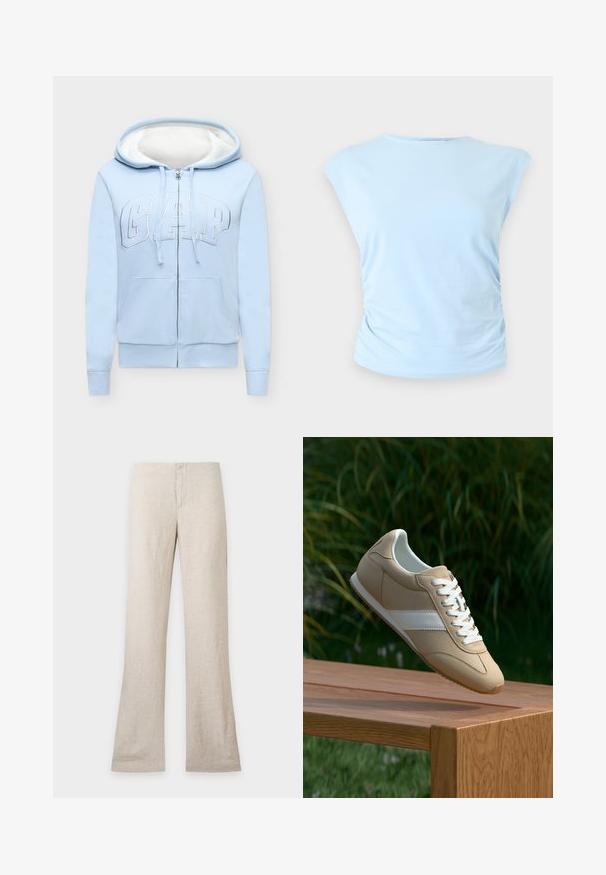 Sweat à capuche bleu clair zippé avec doublure polaire blanche, poches à l'avant et grand logo "GAP" sur la poitrine.; Haut sans manches bleu clair avec un col rond et un léger froncé sur le côté sur un fond neutre.; Pantalon en lin beige à jambe droite et fermeture avant dissimulée, présenté à plat sur un fond clair uni. Pas de poches ni de détails visibles.; Chaussure de sport beige avec une finition en daim lisse, des lacets blancs et une bande blanche contrastante. Design minimaliste avec un bout arrondi et une semelle texturée.